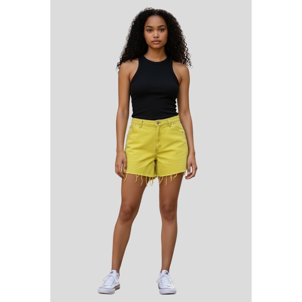 Lee Riveted Dungarees Vintage 90s Carpenter Shorts Mustard Yellow High Rise 12